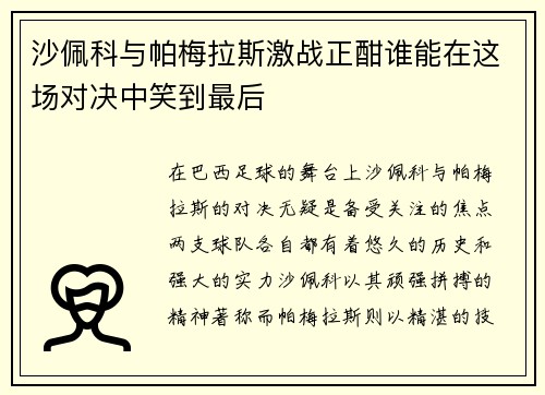 沙佩科与帕梅拉斯激战正酣谁能在这场对决中笑到最后