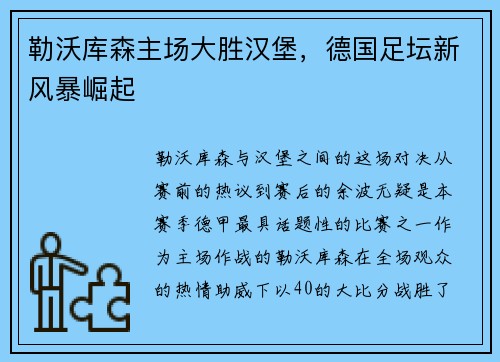 勒沃库森主场大胜汉堡，德国足坛新风暴崛起