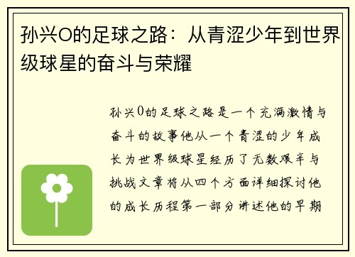 孙兴O的足球之路：从青涩少年到世界级球星的奋斗与荣耀