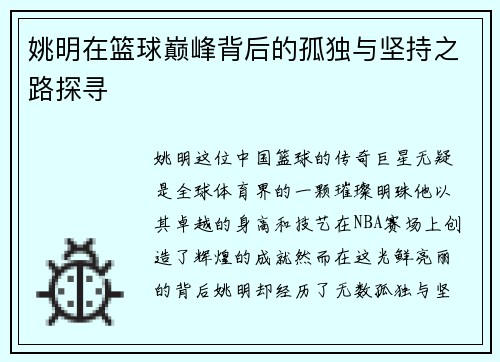 姚明在篮球巅峰背后的孤独与坚持之路探寻