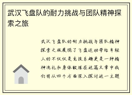 武汉飞盘队的耐力挑战与团队精神探索之旅