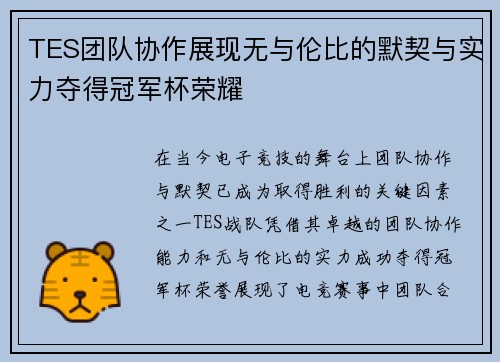 TES团队协作展现无与伦比的默契与实力夺得冠军杯荣耀