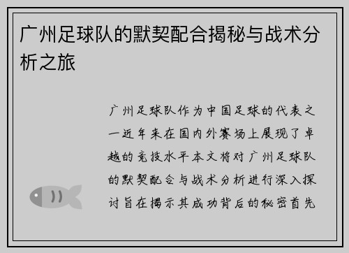 广州足球队的默契配合揭秘与战术分析之旅